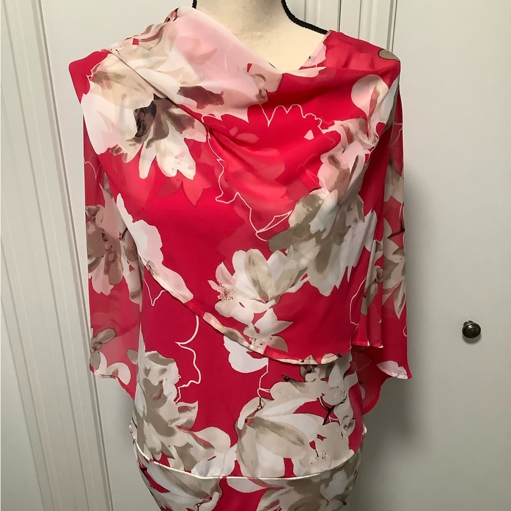 Alfani Pink, Cream, Taupe & Cream Cape Style Floral Blouse Size Medium (12-14) - Picture 6 of 10